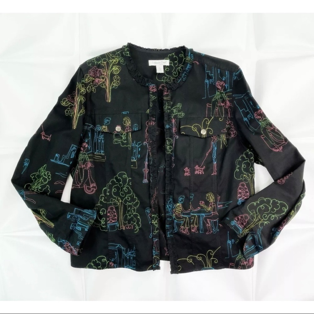 Coldwater Creek Women Sz L Black Colorful Embroidered Ruffled Twill Denim Jacket